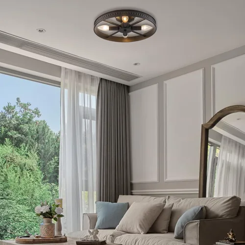 Vista 3 de Lámpara de techo redonda de 4 luces con montaje semiempotrado en negro, estilo rústico de metal granja para isla de cocina, comedor, pasillo