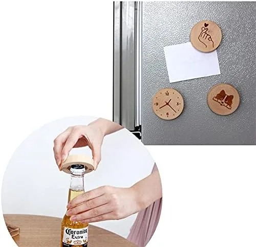 Vista 4 de Abrebotellas redondos de madera, imán para nevera y nevera, con patrones grabados, para cocinas del hogar, bares, fiestas (2 piezas) (en blanco)