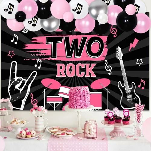 Vista 2 de 77 piezas de decoraciones de cumpleaños Born Two Rock para niñas, decoración de fiesta de segundo cumpleaños de Rock and Roll, telón de fondo de Rosa