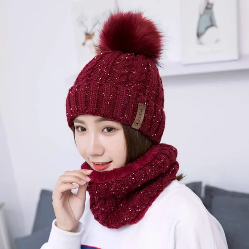 Vista 4 de LCZTN - Gorro de lana con pompón para mujer conjunto de gorro y bufanda para niñas bonito gorro de invierno para esquí, de punto holgado con forro