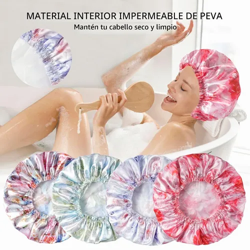 Vista 7 de 4 piezas de gorros de ducha para mujer, gorros de baño con estampado, gorro de ducha de doble capa reutilizable e impermeable, gorros de ducha