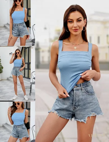 Vista 2 de VIDUSSA Blusa corta sin mangas con cuello cuadrado para mujer, estilo casual, básica, sin mangas, fruncida
