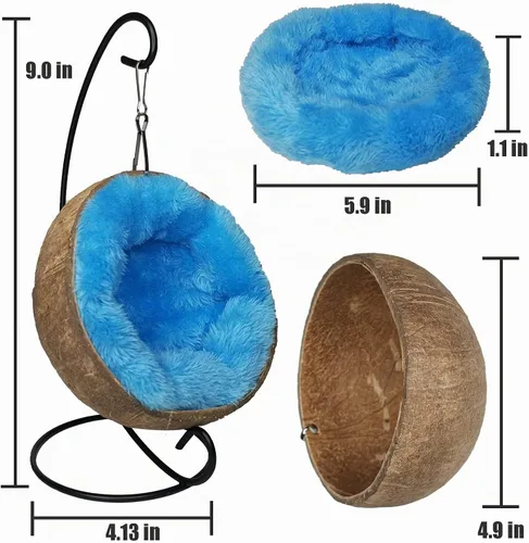 Vista 6 de Fhiny Hamaca escondida de hámster de coco, casa de cama de cáscara de coco cruda natural con almohadilla cálida, decoración de hábitat de animales