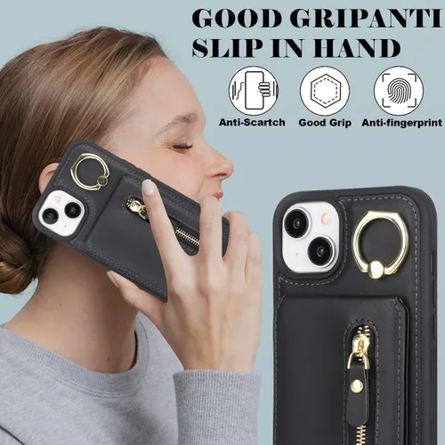 Vista 6 de para iPhone 14 Funda con soporte magnético Magsafe compatible, llavero de cuero PU plegable con soporte desmontable, funda tipo cartera 2-en-1