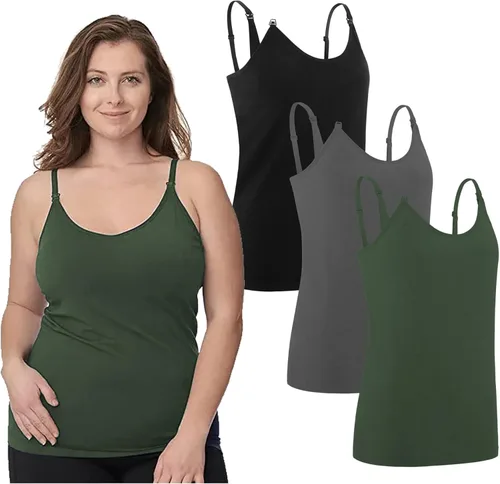 Vista 12 de Under Control Camisetas sin mangas para lactancia materna, camisetas de maternidad con brasier integrado, paquete de 3 Negro/Negro/Negro