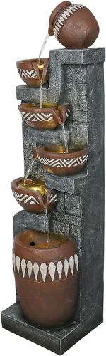 Vista 5 de Fuente de agua para exteriores de 6 niveles de 56.6 pulgadas de alto con luces LED, tarros en cascada con diseño inspirado en tribales para jardín