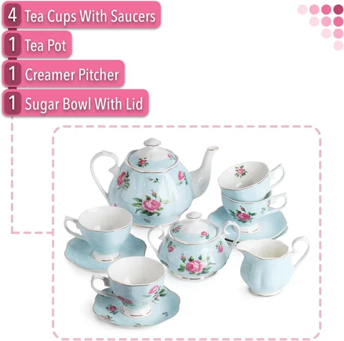 Vista 2 de BTaT - Juego de té floral para adultos, 13 piezas, servicio para 4, olla (38 onzas) y tazas (8 onzas) con platillos, diseño floral azul pastel