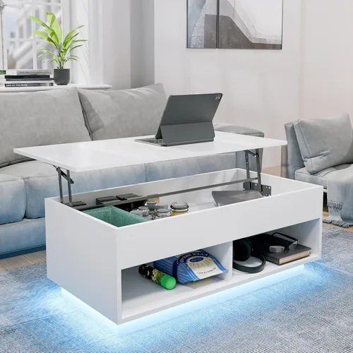 Vista 11 de HOMMPA - Mesa de café con tapa elevable de 40" con almacenamiento, mesa de centro LED moderna de alto brillo para sala de estar, mesa de té moderna