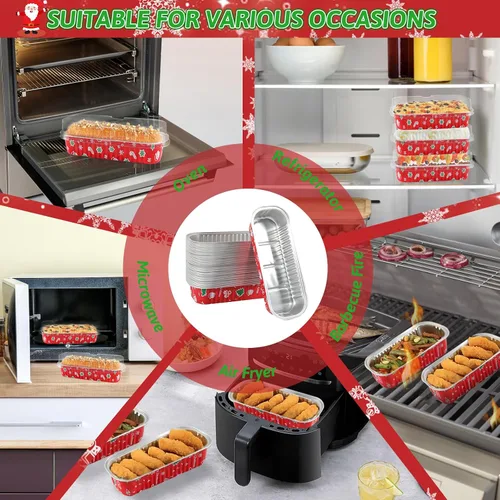 Vista 6 de Paquete de 100 mini moldes para pan de Navidad con tapas, mini moldes para pasteles con tapas y cucharas, moldes de papel de aluminio de 6.8 onzas