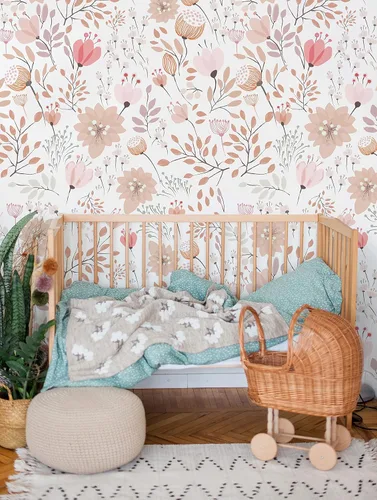 Vista 2 de Murwall Papel pintado floral para niños, mural de pared suave para guardería, jardín (estilo 1)