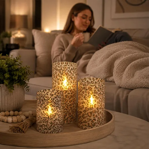 Vista 10 de Mark Feldstein - Velas LED de cristal con estampado de leopardo, juego de 3
