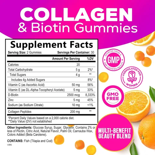 Vista 2 de Gomitas de colágeno – 2500 mcg de biotina por porción – Suplemento completo de colágeno con péptidos hidrolizados tipo I y III, biotina, zinc