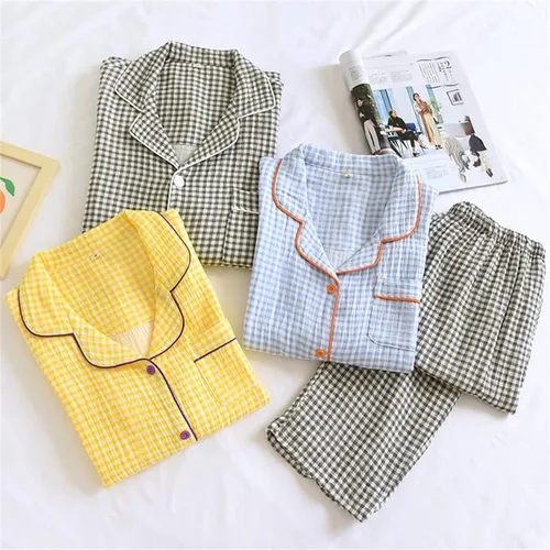 Vista 3 de Shanghai Story Camisón de algodón para parejas Ropa de dormir de manga larga Ropa de dormir Casual Check Print PJS