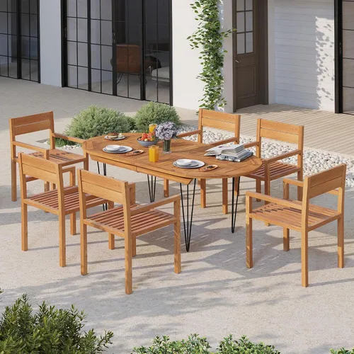Vista 9 de Tangkula Silla de madera de teca para exteriores, sillón de comedor con asiento y respaldo de tablillas, muebles de asiento de madera maciza