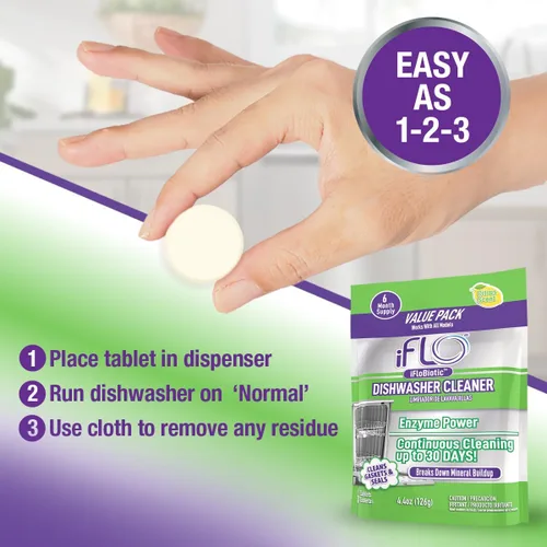 Vista 4 de Pastillas limpiadoras de lavavajillas iFLO con iFLObiotic – Pastillas de limpieza profunda y desodorizante para eliminar el olor del lavavajillas