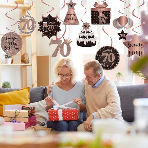 Vista 2 de Decoración de techo de remolinos colgantes para fiesta de 70 años, 70 remolinos colgantes de papel de aluminio con recortes para 70 años de edad
