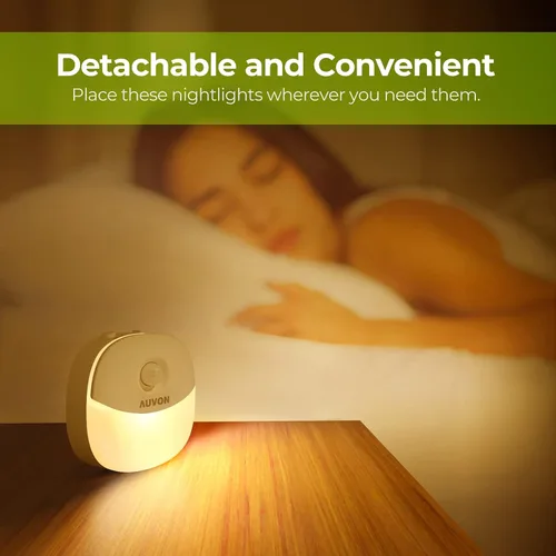 Vista 8 de AUVON Luz nocturna de batería recargable, mini con sensor de movimiento, luz LED blanca cálida con sensor de atardecer a amanecer, brillo ajustable