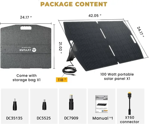 Vista 6 de LVYUAN Panel solar portátil de 100 W para estación de energía, panel solar plegable 23.5% monocelda con ETFE, IP65 P-PERC con adaptador 4 en 1