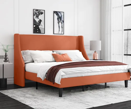 Vista 3 de Allewie Marco de Cama de Plataforma Tamaño King con Cabecera Tapizada, Wingback Moderno de Lujo, Soporte de Listones de Madera, Base de Colchón