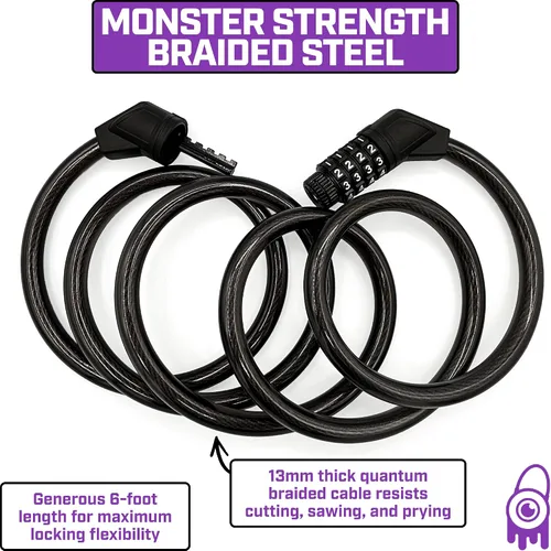Vista 3 de Monster Lock - Candado de cable de combinación reajustable de 6 pies - Acero trenzado de 0.512 in, revestimiento de vinilo resistente a