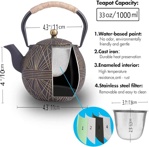 Vista 6 de Tetera de hierro fundido esmaltada 34oz (1000ml) - Hervidor de estilo japonés con infusor extraíble de acero inoxidable y mango ergonómico, seguro