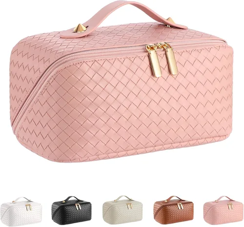 Vista 19 de Bolsa de cosméticos de viaje de gran capacidad - Bolsas de maquillaje portátiles para mujeres, impermeable, de cuero PU a cuadros, con organizador