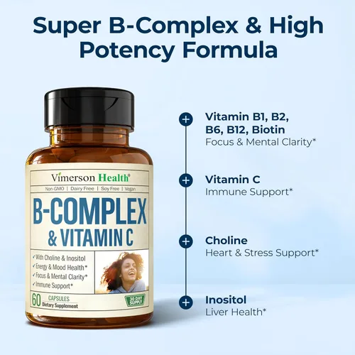 Vista 5 de Complejo de vitamina B con vitamina C y ácido fólico (Folato) - 8 vitaminas B de alta potencia: B1, B2, B3, B5, B6, B7, vitamina B12 + biotina