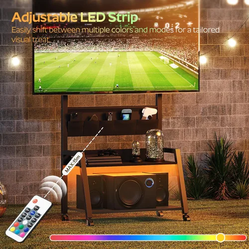 Vista 2 de YATINEY Soporte de TV móvil con toma de corriente, soporte de TV móvil con luz LED de hasta 55 pulgadas, carrito de TV con soporte, 5 bolsas de tela