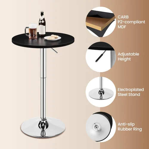 Vista 6 de Yaheetech Mesa de bar redonda, altura ajustable y mesas giratorias de 360°, mesa de cóctel con parte superior de MDF, base de patas plateada