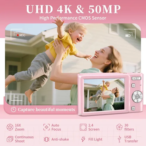 Vista 2 de Cámara digital 4K para niños: cámara rosa de 50 MP para fotografía -Zoom 16X antivibración, sello de fecha- Regalos de cumpleaños de Navidad