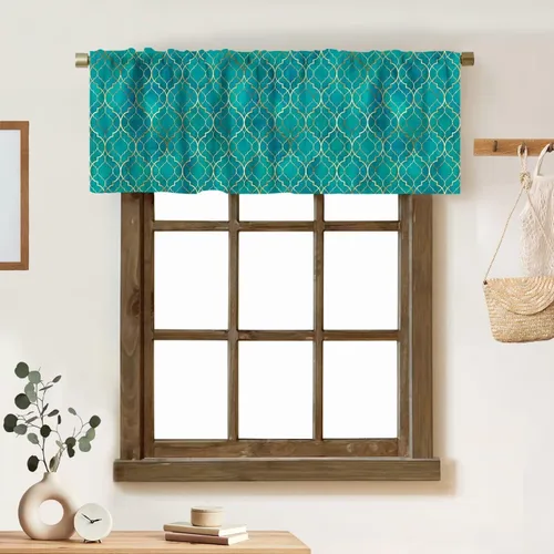 Vista 10 de Cortina de cenefa de mármol verde con venas doradas de mármol negro, diseño abstracto de lujo, elegante cenefa con bolsillo para barra, 1 panel