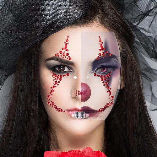 Vista 3 de Paquete de 2 calcomanías de cara de Halloween, gemas de payaso, maquillaje de monja, tatuaje de cara temporal de diamantes de imitación