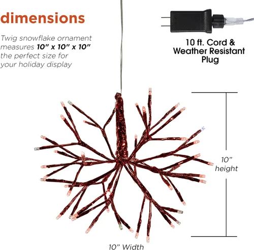 Vista 3 de Alpine Corporation Adorno de copo de nieve colgante en 3D de ramita de Navidad para interiores de 10 pulgadas de alto, con luces LED, rojo