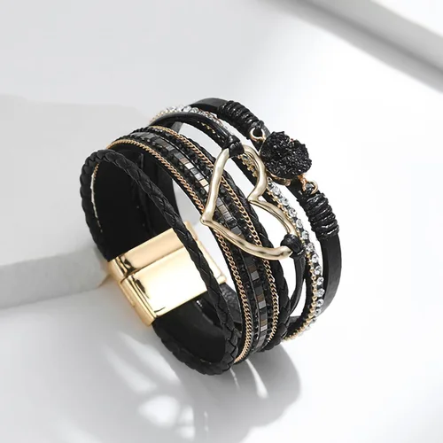 Vista 5 de Fesciory Pulsera de leopardo para mujer, pulsera de cuero bohemio multicapa con perlas de cristal