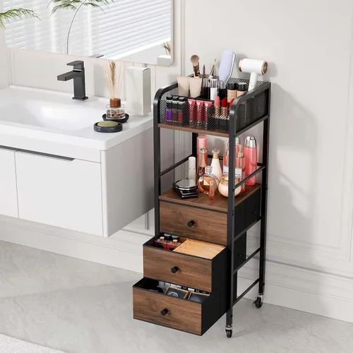 Vista 8 de HapiRm Organizador de Carrito de Maquillaje Rodante - Almacenamiento de Maquillaje y Cuidado de la Piel de Piso con 3 Cajones de Tela No Tejida