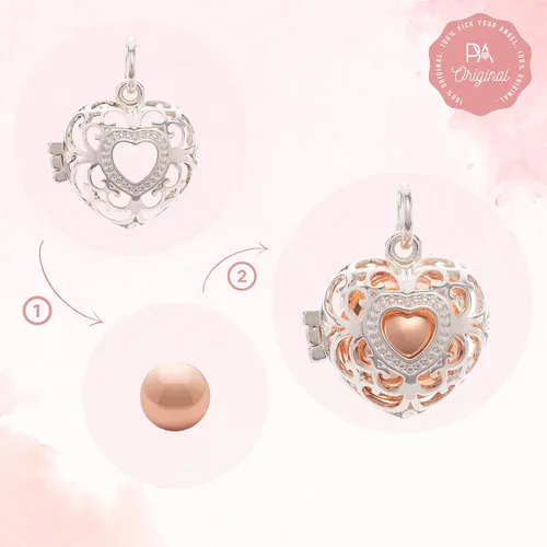 Vista 3 de PYA angel caller pendant"Heartsoldier" with sound ball made of 925 sterling silver Individual women's jewelry with heart pendant and color ball