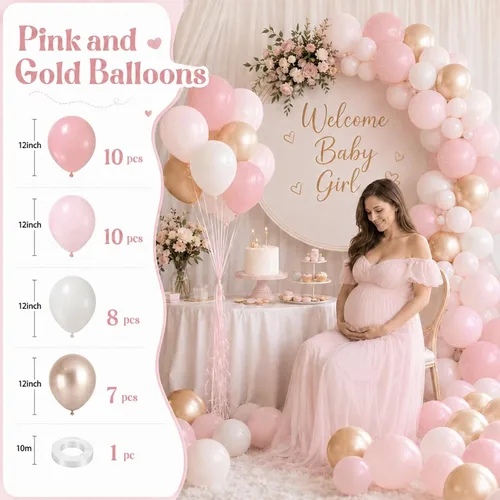 Vista 2 de Globos rosa y dorado, globo de látex rosa claro pastel de 12 pulgadas y blanco arena perla con globo metálico dorado champán beige para princesas