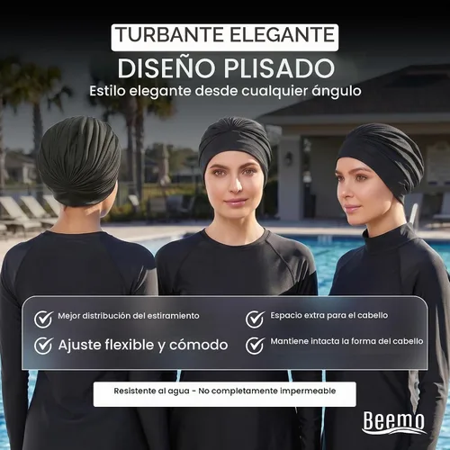 Vista 8 de BEEMO Gorros de natación para mujer, turbante de natación, de poliéster, con forro de látex, plisado para mujer Negro