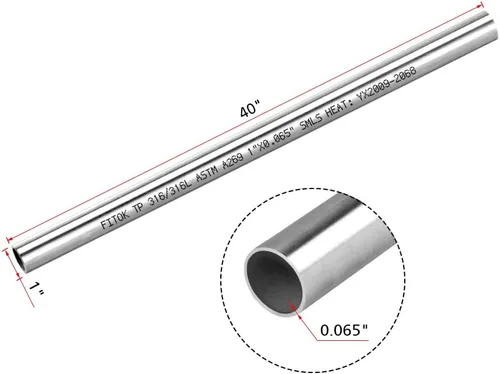 Vista 2 de Tubo sin costuras de acero inoxidable 316/316L 1" DE × 0.065" de pared × 40" de longitud. Tubo recocido ASTM A269 (1 pieza)