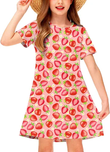 Vista 13 de Deerose Kids Summer Short Sleeve Dresses Hawaiian Tshirt Sundress 3-14 Years Coconut trees