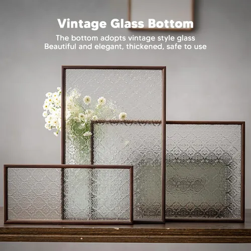 Vista 2 de Walnut Wood Serving Tray, Rectangle Vintage Glass Bottom with Handles, Elegant Kitchen Snack Plate - Multi Purpose, Durable Wood Siding, Ideal for