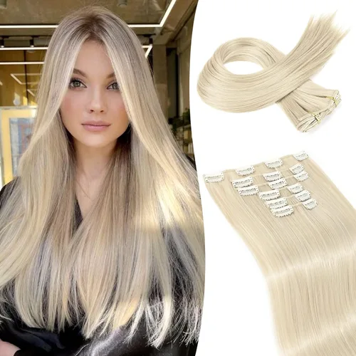 Vista 9 de LONAI 6 extensiones de cabello con clip, 24 pulgadas de largo, lacio, sintético, postizo para mujer, rubio ceniza natural