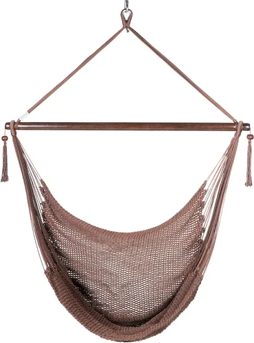Vista 2 de Larga silla hamaca grande caribeña con reposapiés, 48 pulgadas, poliéster, silla de colgar., Mocha