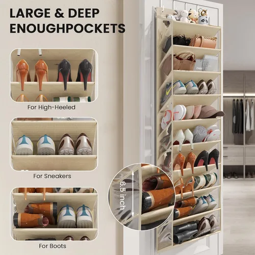 Vista 4 de Organizador de Zapatos Transparente de 10 Niveles Sobre la Puerta con Bolsillos Profundos, Estante de Zapatos de Puerta con Tubo Duro para Mantener