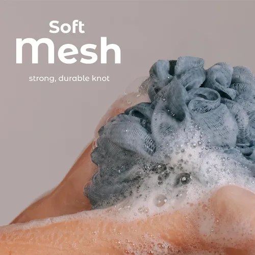 Vista 4 de MainBasics Esponja de esponja para baño y ducha, esponja para el cuerpo, exfoliante corporal (juego de 3, flor aireada) Soft Mesh Body Scrubber and