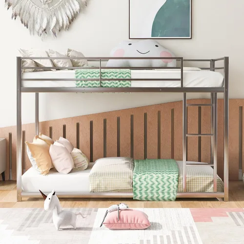 Vista 9 de Litera de metal bajo para niños, con escalera incorporada, barandilla alta y listones de metal, litera inferior de cama de suelo, no requiere Negro