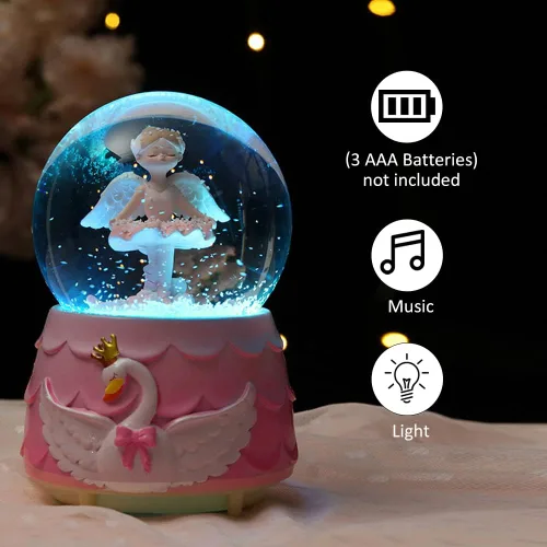 Vista 3 de Ballerina Girl Swan Lake Globo de nieve musical, globo de nieve de cristal de 3.150 in, caja de música de ballet con luces coloridas para niñas
