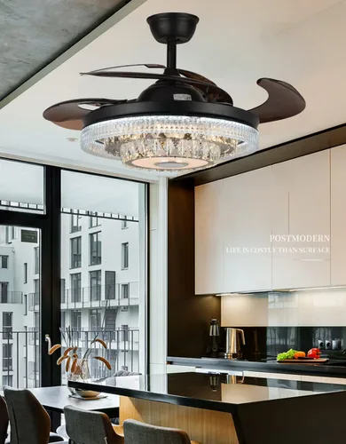 Vista 7 de Fandian Ventilador de techo inteligente moderno de 42 pulgadas con luces de control remoto, candelabro de cristal retráctil de inversa negra