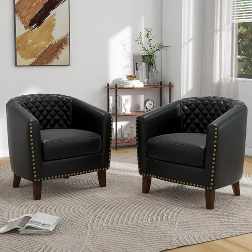 Vista 11 de Pia Ricco Silla de Acento Tipo Barril de Cuero Sintético, Silla de Club Moderna con Brazos, Cómoda Silla Individual Tapizada con Patas de Madera