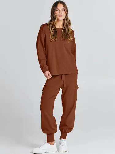 Vista 7 de Caracilia Conjunto de dos piezas para mujer, suéter de punto de manga larga y pantalones deportivos tipo cargo